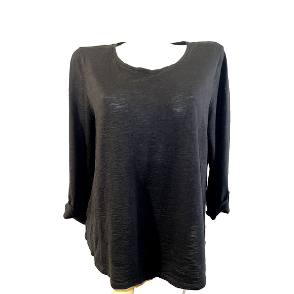 CHICO'S Top Size L (2) Black The Ultimate Tee Scoop Neck Roll Tab Slv Shirt - Picture 1 of 6